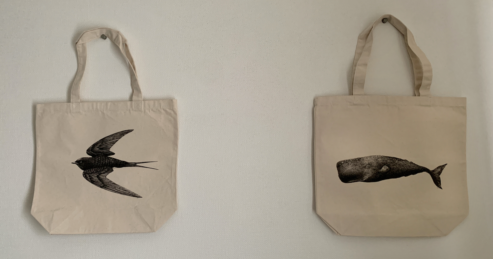 Swallow Tote & Whale Tote by Yoko Kadokawa